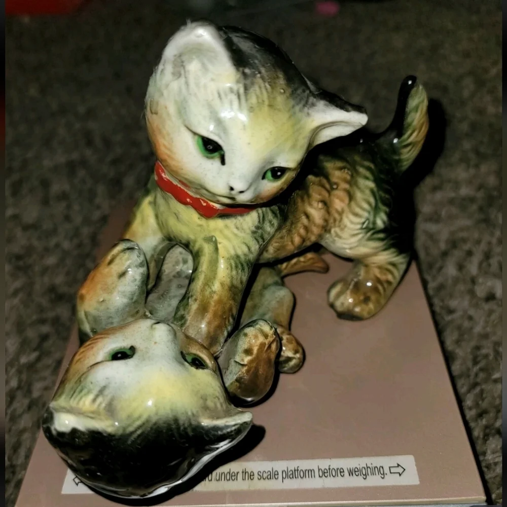 Vintage Mojalica Ceramic Cat Figurine with Red Collar Kittens Playing